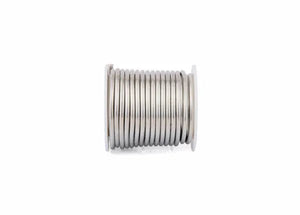 A white spool holds tightly wound Harris 331756 Premium Silver Lead-Free Solid Wire Solder (0.118 in, 3.0 mm), shown as shiny silver wire on a plain white background. Eco-friendly and supplied in a 25 lb box.