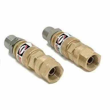 Two brass gas safety valves with threaded ends, featuring regulator-type quick connectors, are placed side by side on a white background. Each valve has a metallic tip and an OSHA compliant quick connector label wrapped around the middle section.