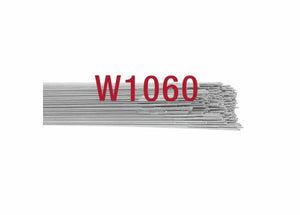 A bundle of Harris R45 W1060 Copper-Coated Oxy-Fuel TIG GTAW Welding Rods, 1/16 x 36, 10LB box (W1060310), is stacked horizontally against a white background with bold red W1060 text over the rods.