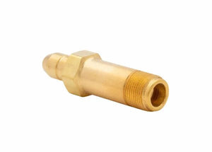 Harris Regulator Inlet Stem 9000667, brass hex nut, threaded end, tapered barb for welding equipment, on white background.