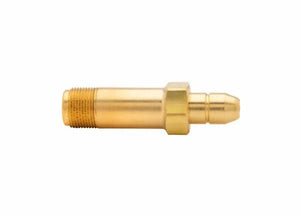 Harris Regulator Inlet Stem CGA 200 RH x 2.5"L for welding, threaded with hex nut, brass fitting, shown on white background.