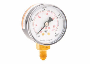 A close-up of a Harris 50mm pressure gauge shows measurements in psi and bar, with a needle pointing to zero. The regulator pressure gauge features a brass connector and the words USE NO OIL printed on its face.
