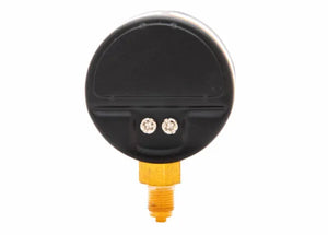 A round black Harris 50mm pressure gauge with a brass threaded connector at the bottom and two visible screws on the back, viewed from behind against a white background.