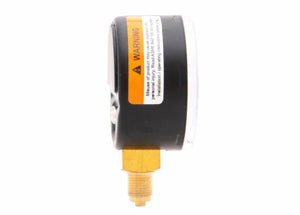 Side view of a Harris 50mm pressure gauge with a black casing, brass connector, and warning label on the side, designed to measure up to 400 PSI, against a white background.