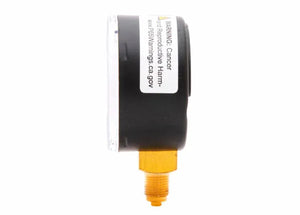 Side view of a Harris 50mm pressure gauge, round with black and silver finish, featuring a yellow brass connector and a warning label attached to the side.