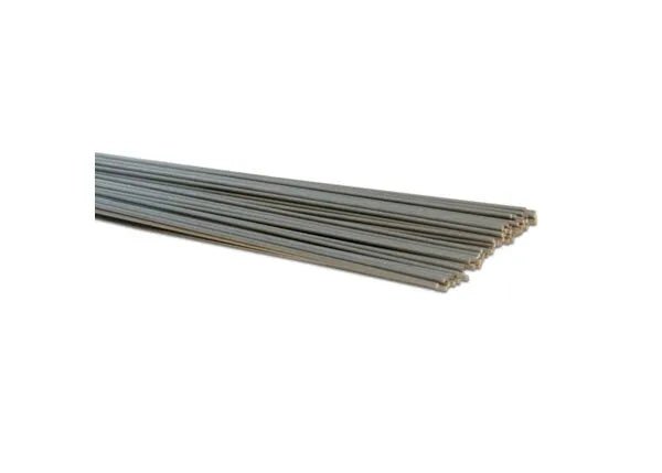 The Harris RG-60 W1200 Bare Oxy-Fuel TIG GTAW Welding Alloy 5/32, 50# PKG—W120070 features thin, straight steel rods with a shiny silver finish, smooth surface, and uniform thickness, fanned out neatly against a white background.