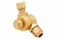 A brass refrigeration access valve with multiple threaded connections and an adjustable tip adapter, isolated on a white background.