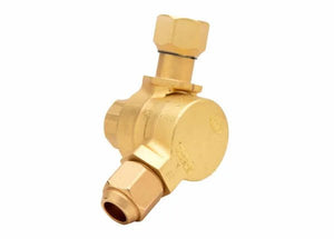 A Harris S-98-C brass angle valve with a threaded cap and two connection points—one at the side and one at the top—features an adjustable tip adapter, set against a white background.