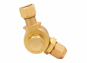 A brass swivel fitting with two hexagonal connectors on either end, angled in an L-shape, designed for plumbing or gas applications. Compatible with Harris S-98-C adjustable tip adapter for varied welding positions.