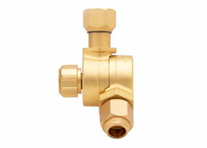 A brass gas shut-off valve with three connection points, viewed from the front, featuring a cylindrical body and hexagonal fittings—compatible with welding positions and the Harris S-98-C adjustable tip adapter.