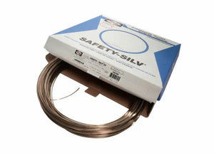 A Harris 25350 - Safety-Silv 25 high silver brazing alloy (1/16 in., 50 toz. coil) is partially pulled from a white and blue SAFETY-SILV box, visible through a circular cutout. The cadmium-free filler metal is shown on a plain white background.