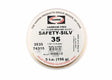 A round container labeled “Harris 3535 - Safety-Silv 35 Silver Brazing Alloy - 1/16 in (1.6 mm) - 5 toz Cup” contains a cadmium-free, 35% silver alloy made in the USA (AWS A5.8 BAg-35). Label warns: READ WARNING ON REVERSE SIDE.