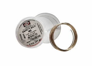 A clear plastic spool holds a coiled Harris 4031 - Safety-Silv® 40 high silver brazing alloy wire, 1/16 in. diameter, 1 troy oz., with a white label. The partially open lid reveals the cadmium-free, corrosion-resistant wire inside.