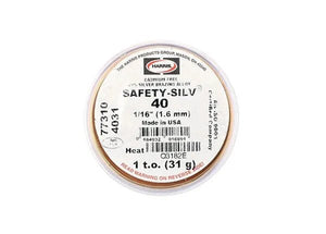 A round container of Harris 4031 Safety-Silv® 40 high silver brazing alloy, 1/16 in., 1 troy oz., features product codes, corrosion resistance info, and a red warning on the black-and-white printed lid.