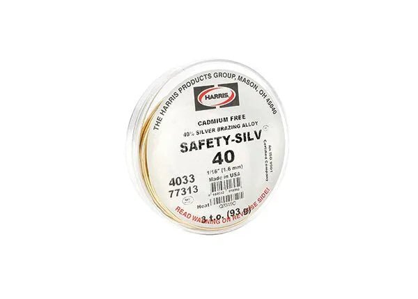 The Harris 4033 Safety-Silv® 40 high silver brazing alloy (1/16 in., 3 oz. cup) is cadmium-free, labeled 40% Silver Brazing Alloy, features excellent corrosion resistance, and is made in the USA.