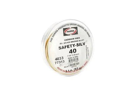 The Harris 4033 Safety-Silv® 40 high silver brazing alloy (1/16 in., 3 oz. cup) is cadmium-free, labeled 40% Silver Brazing Alloy, features excellent corrosion resistance, and is made in the USA.