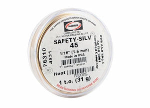 The Harris 4531 Safety-Silv 45 Silver Brazing Alloy, 1/16 in (1.6 mm), 1 toz cup, is a cadmium-free US-made filler metal that ensures safe, reliable brazed joints for your projects.