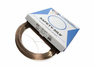 A coiled spool of Harris 45150H Safety-Silv 45 silver brazing alloy wire, 1/32 in (0.8 mm), is partially pulled from its branded white and blue box (50 toz coil/box) against a plain white background.