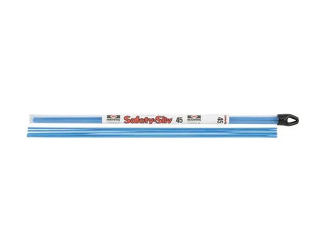 Four parallel blue rods, each capped with black plastic and labeled “Safety-Silv 45” in red and black on a white sleeve, display the Harris Safety-Silv 45 45FC Flux-Coated Silver Brazing Alloy. The cadmium-free rods are set against a white background.