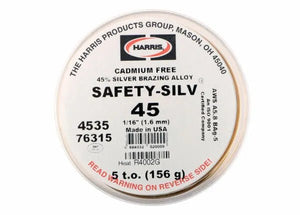 A spool of Harris 4535 Safety-Silv 45 Silver Brazing Alloy, 1/16 in (1.6 mm), 5 troy ounces, cadmium-free, labeled “45% SILVER BRAZING ALLOY” and “Made in USA,” includes part numbers and manufacturer info.