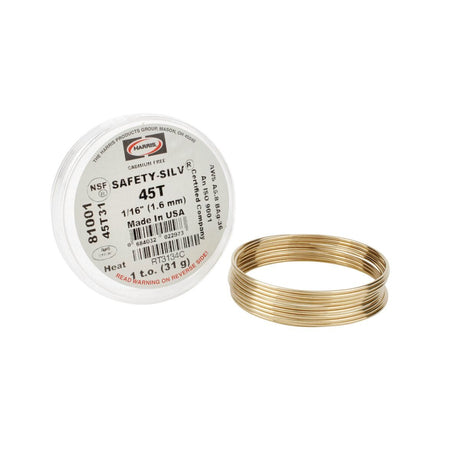 A coiled Harris Safety-Silv 45T Silver Brazing Alloy wire (1/16 in, 1.6 mm) is next to a round container with red and black label, product details, and the marking 45T318L for this cadmium-free alloy in a 15 toz tube.