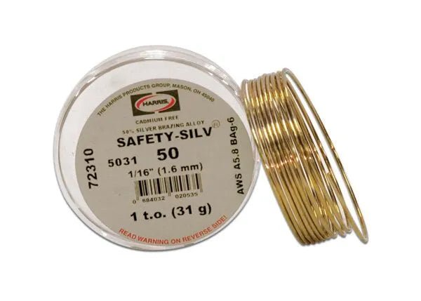 A Harris 5031 Safety-Silv® 50 high silver brazing alloy wire (1/16 in, 1 troy oz) rests beside a clear plastic cup. Its label notes it’s cadmium-free, AWS A5.8 BAg-6, and ideal for precise brazing tasks.
