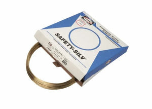 A coiled Harris 50N325 Safety-Silv 50N silver brazing alloy rod (1/16 in, 25 toz) is partially pulled from a blue and white box with a circular cutout and branding, displayed against a plain white background.