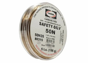 A spool of Harris 50N35 Safety-Silv 50N silver brazing alloy, 1/16 in (1.6 mm) diameter, 5 troy ounces, cadmium free, made in USA, supplied with certification.