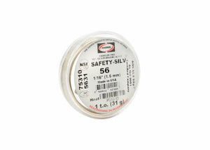 A round, white container labeled Harris 5631 - Safety-Silv 56 Silver Brazing Alloy, 1/16 in (1.6 mm), 1 troy oz cup, cadmium-free and made in the USA for stainless steel brazing, is shown.