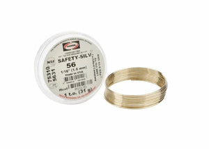 A Harris 5631 Safety-Silv 56 silver brazing alloy coiled wire (1/16 in, 1.6 mm) rests beside its round white cup; the label lists product info, weight (1 toz), and manufacturer details in black and red text.