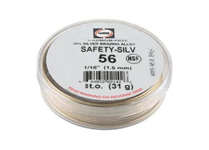 A round, clear plastic container labeled Harris 5635 - Safety-Silv 56 holds silver-colored wire. The cadmium-free, NSF-rated 56% silver brazing alloy is 1/16 in (1.6 mm) thick and comes in a 5 troy oz cup with Harris branding.