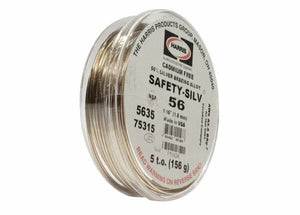 A clear spool of Harris 5635 Safety-Silv 56 silver brazing alloy (1/16 in, cadmium-free), weighing 5 troy ounces, is visible with coiled wire for stainless steel brazing; labeled with product numbers 5635 and 75315.