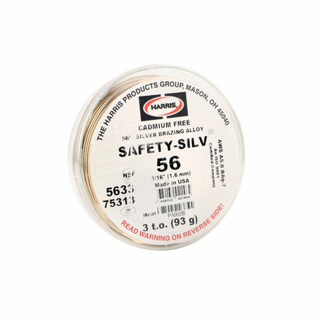 A spool of Harris Safety-Silv 56 Silver Brazing Alloy, 1/16 in (1.6 mm) thick, 3 troy oz (model 5633), cadmium-free filler metal made in the USA. Comes in a mostly white package with red and black text.