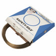 A coiled Harris 50N350 Safety-Silv® 50N high silver brazing alloy, 1/16 in., is partially pulled from a blue and white box featuring a circular cutout and bold logos—ideal for brazing stainless steel.