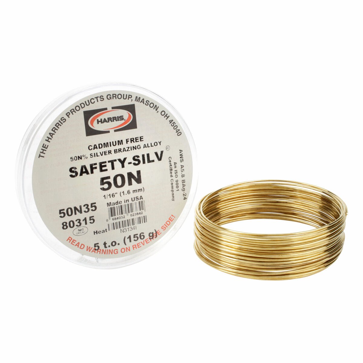 A Harris SF50N STRIP .005 X 1/2 - 50NS00512 silver brazing alloy, cadmium-free, shown beside its labeled plastic container; measures .005 thick and 1/2 wide.