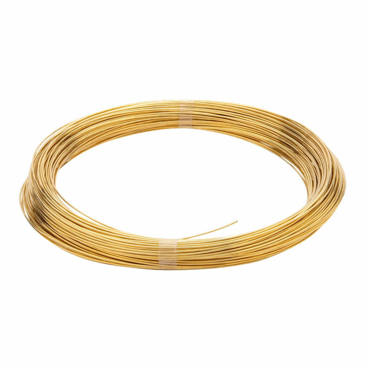 A neatly wrapped coil of Harris SF50N STRIP .010 X 1/2 - 50NS01012 gold-colored wire, held by three bands, forms a circular loop with a small section of wire end protruding.