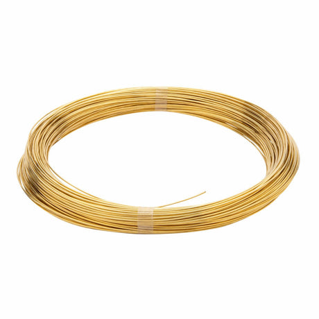 A neatly wrapped coil of Harris SF50N STRIP .010 X 1/2 - 50NS01012 gold-colored wire, held by three bands, forms a circular loop with a small section of wire end protruding.