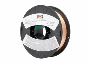 A black plastic spool holds Harris Silicon Bronze .030 30 SPOOL MIG GMAW Welding Wire (00SIBE8), with copper-colored wire and two white labels showing product and manufacturer info. The spool appears against a white background.