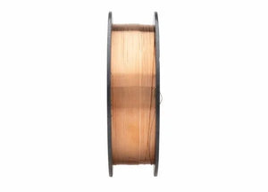 A side view of the Harris Silicon Bronze .030 30 SPOOL MIG GMAW Welding Wire (00SIBE8), featuring a tightly wound, copper-colored spool with flat black ends and smooth, shiny wire against a plain white background.