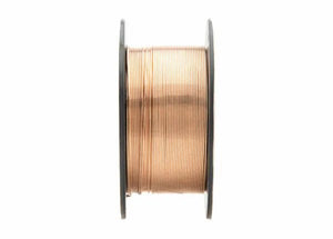 A 10lb spool of Harris Silicon Bronze GMAW MIG Welding Alloy (.035, 00SIBF5) stands upright on a white background, with copper-colored wire neatly wound around a black plastic spool, viewed side-on to show its circular coil.