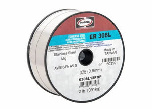 Harris Stainless MIG308L .025 x 2lb Spool (Qty. 10), 0.6mm diameter MIG welding wire for intergranular corrosion resistance, made in Taiwan, with product warnings and barcode visible.