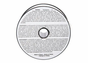 A close-up of a circular label for Harris Stainless MIG308L .025 X 2# Spool (Qty. 10) warns about manganese fumes in English, Spanish, and French. Made in Taiwan – Hecho en Taiwan – Fabriqué en Taiwan appears in bold black letters at the bottom.
