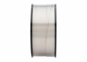 A Harris Stainless MIG308L .025 x 2# spool (qty. 10) is shown from the side with wire coiled between two black ends on a white background. Known for intergranular corrosion resistance, a small loose strand is visible near the top edge.