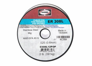 A 2 lb spool of Harris Stainless MIG308L welding wire, .025 diameter, offers intergranular corrosion resistance. Sold in packs of 10. Label includes specs, warnings, and barcode; made in Taiwan.