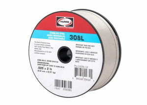 A spool of Harris Stainless MIG308L welding wire (.025, 2 lbs), designed for intergranular corrosion resistance. The mostly white label with blue and red sections lists specifications and certifications. Available in packs of 10.