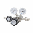 The Harris 742-125-580-AD Argon/Helium/Neon/Nitrogen Regulator is a dual-gauge stainless steel two-stage regulator with two pressure dials, black “Harris Specialty Gas” knobs, and a threaded connector for easy cylinder attachment.