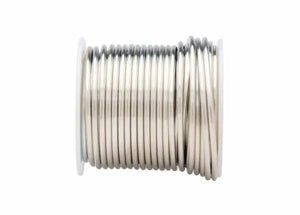 A close-up of Harris SB831 Stay Brite 8 Lead-Free Solid Wire Solder (1/16 in, 4 lb box) neatly wound on a spool against a white background, its smooth, tightly coiled wire perfect for plumbing applications.