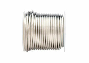 A spool of Harris SB811 Stay Brite 8 Lead-Free Solid Wire Solder, 1/32 in (0.8 mm), is neatly wound on a white plastic spool. The smooth, shiny solder wire contrasts with the plain white background. Sold in a 4 lb box.