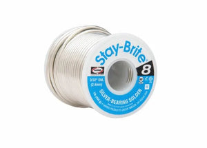 A spool of Harris SB851 Stay Brite 8 Lead-Free Solid Wire Solder, 3/32" (2.4 mm) diameter, comes in a 4 lb box with white and blue branding—ideal for HVAC tube connections. Silver solder wire is neatly coiled around the spool.