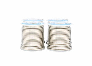 Four Harris SB851 Stay Brite 8 Lead-Free Solid Wire Solder spools (3/32 in, 4 lb box) are neatly coiled and arranged side by side in two rows against a white background, with mostly unreadable blue and white labels.
